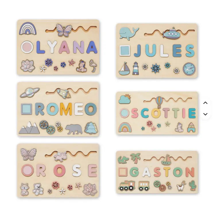 Six name puzzle designs shown with different names and themes