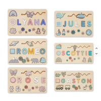 Six name puzzle designs shown with different names and themes