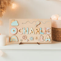 Wooden name puzzle spelling Charlie with rainbow and animal pieces