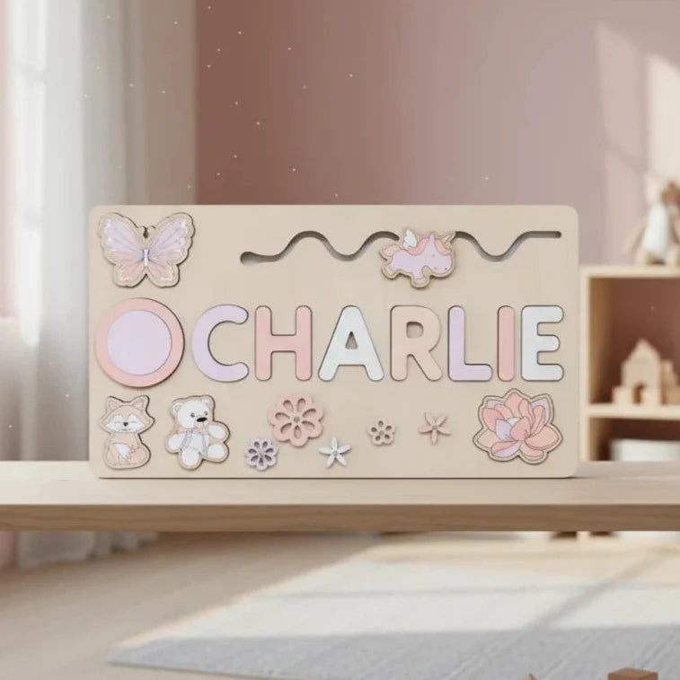 Pastel name puzzle spelling Charlie with butterfly and flower pieces