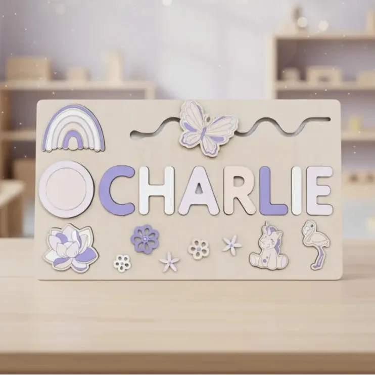 Lilac name puzzle spelling Charlie displayed on a stand
