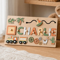 Personalized Name Puzzle Wooden Board set out on a real table at home
