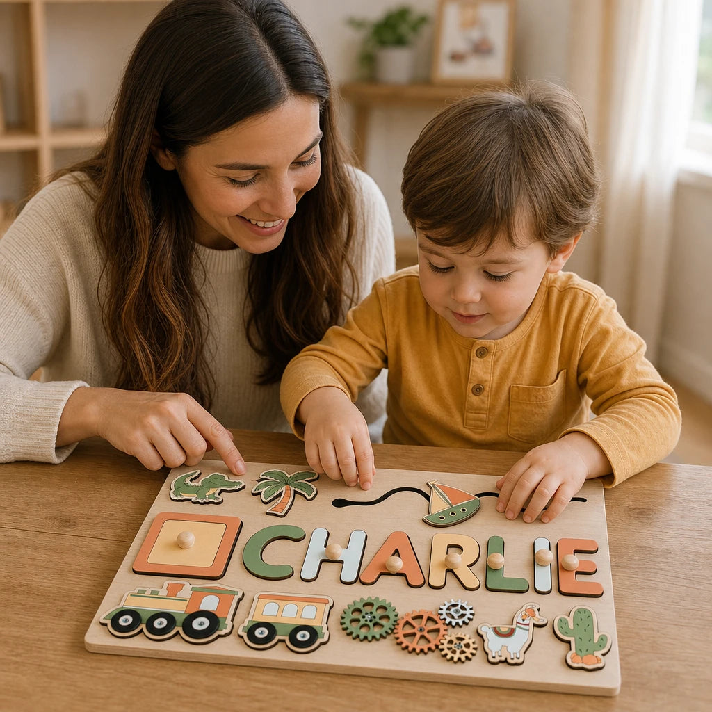 Child playing with the Personalized Name Puzzle Wooden Board
