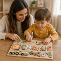 Child playing with the Personalized Name Puzzle Wooden Board