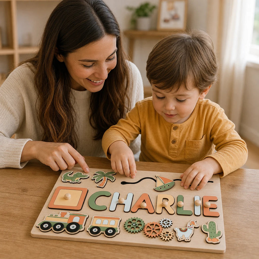 Child playing with the Personalized Name Puzzle Wooden Board
