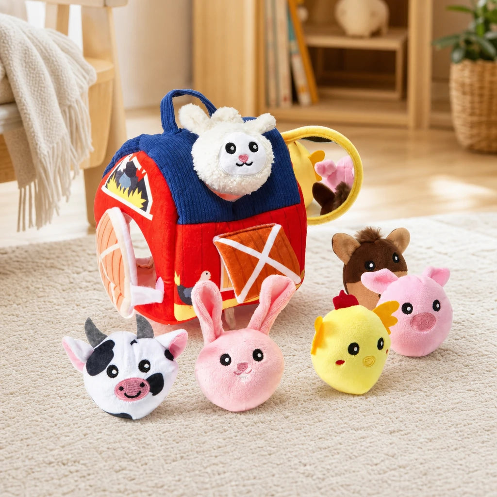 Plush Farm Playset with Soft Barn & 6 Animals set out on a real table at home