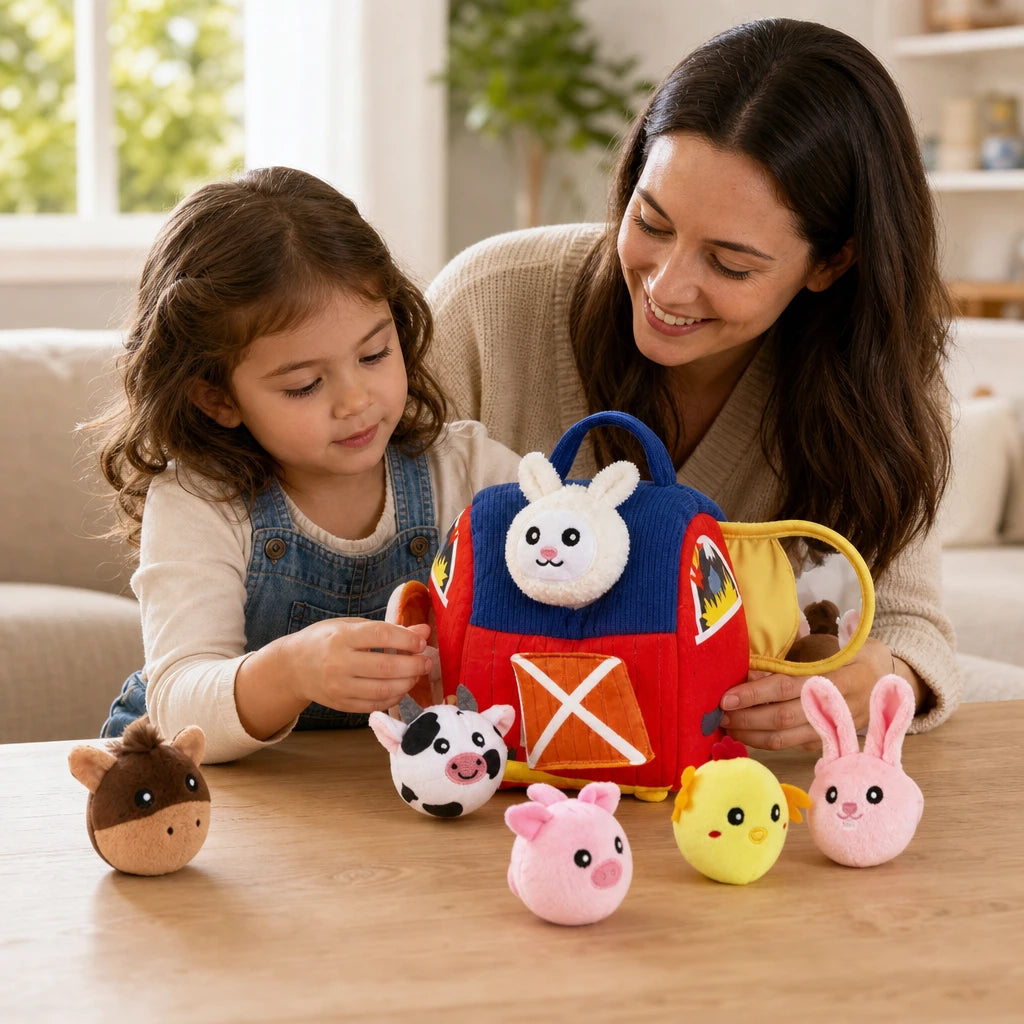 Child playing with the Plush Farm Playset with Soft Barn & 6 Animals