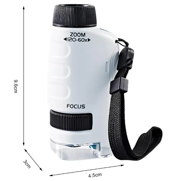 Pocket microscope in white with wrist strap and dimensions