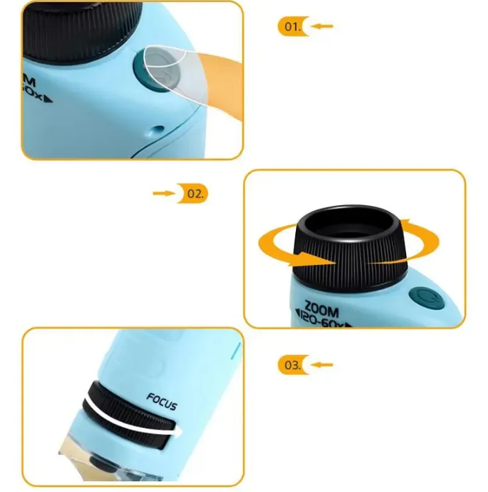 Diagram of the pocket microscope's zoom, focus and light controls