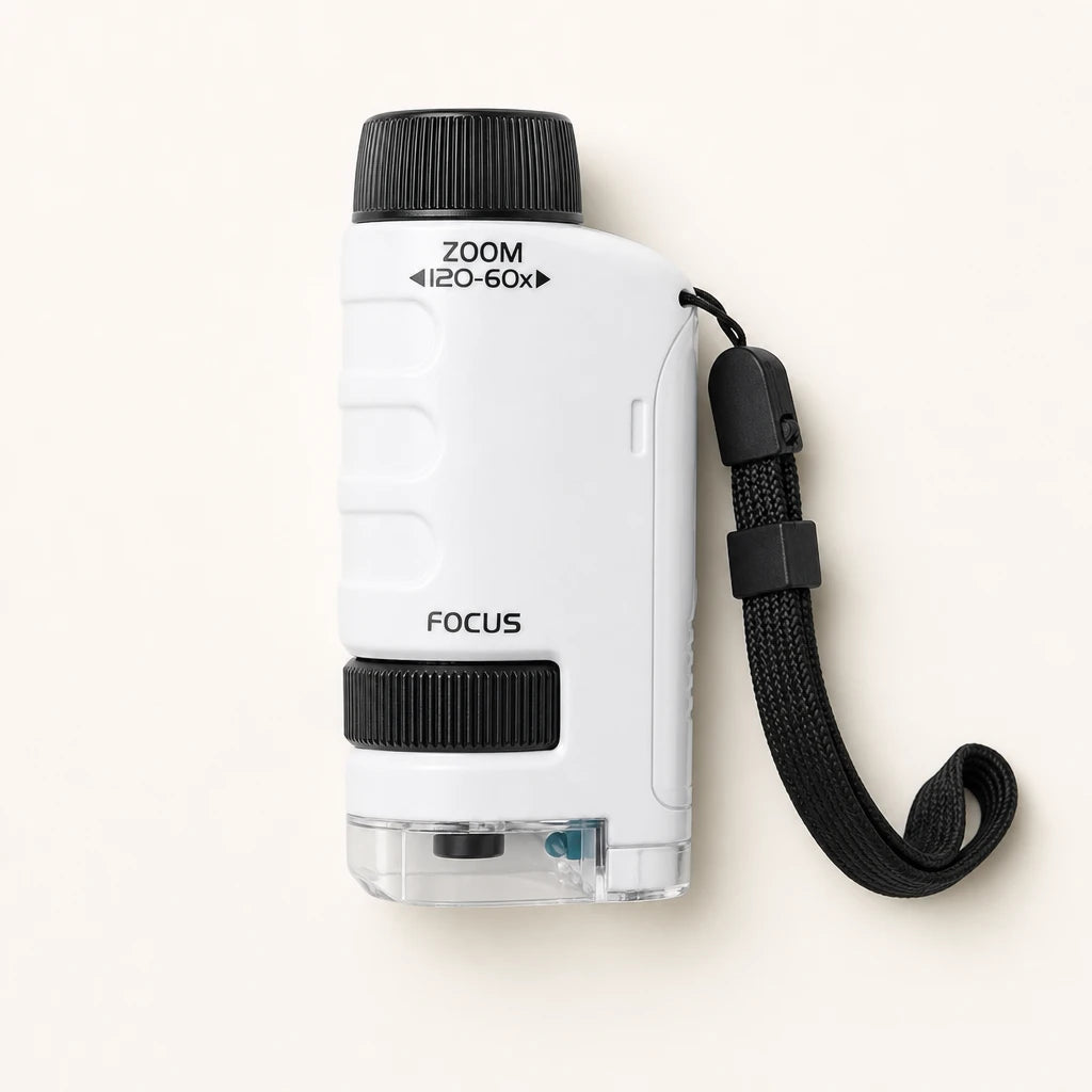 Pocket Microscope for Kids with LED Light shown complete on a plain background