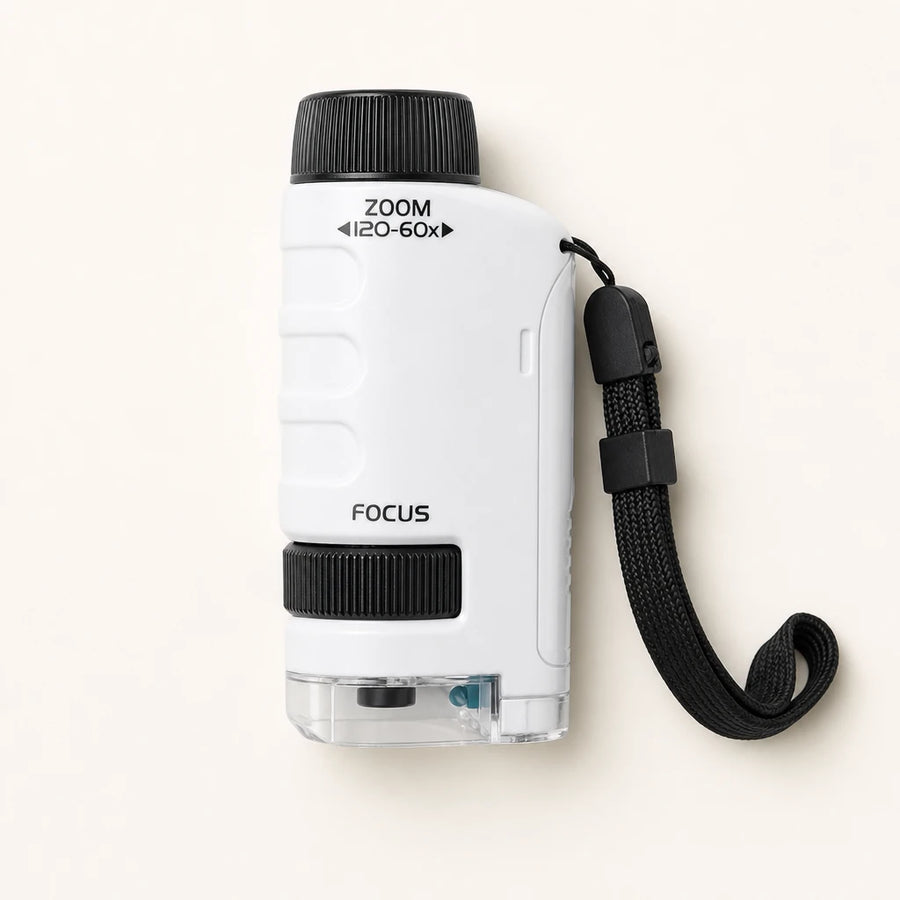 Pocket Microscope for Kids with LED Light shown complete on a plain background