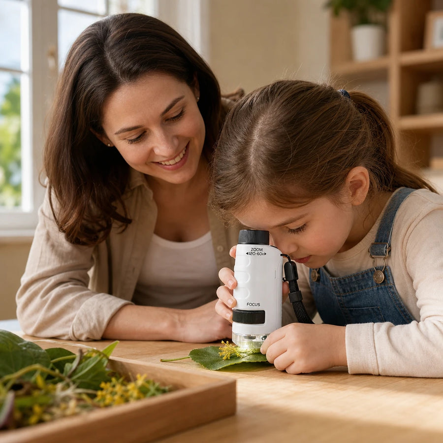 Child playing with the Pocket Microscope for Kids with LED Light