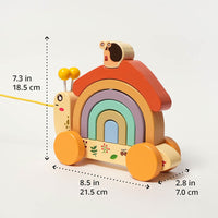 Pull along snail with its rainbow shell stacked, shown with dimensions
