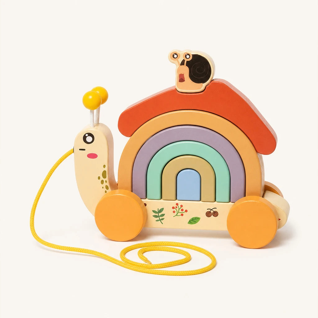 Pull Along Snail Toy Rainbow Stacking Shell shown complete on a plain background
