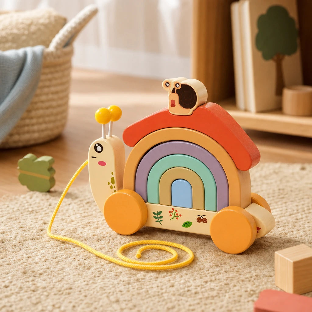 Pull Along Snail Toy Rainbow Stacking Shell set out on a real table at home