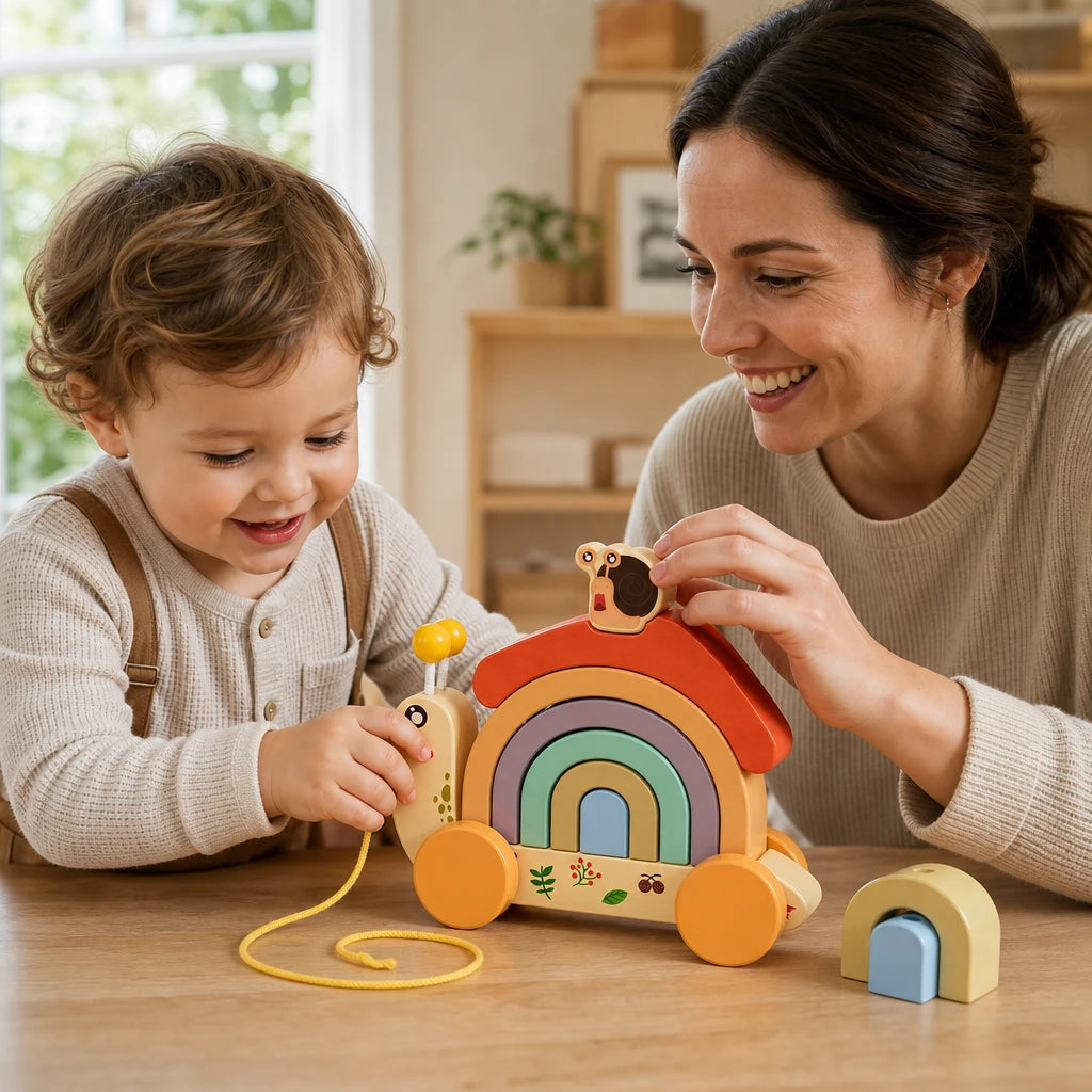 Child playing with the Pull Along Snail Toy Rainbow Stacking Shell