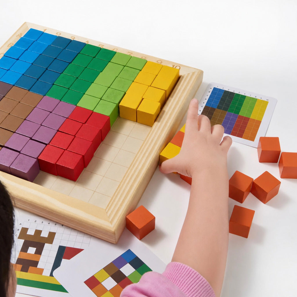 Child building a coloured pixel pattern in the wooden tray