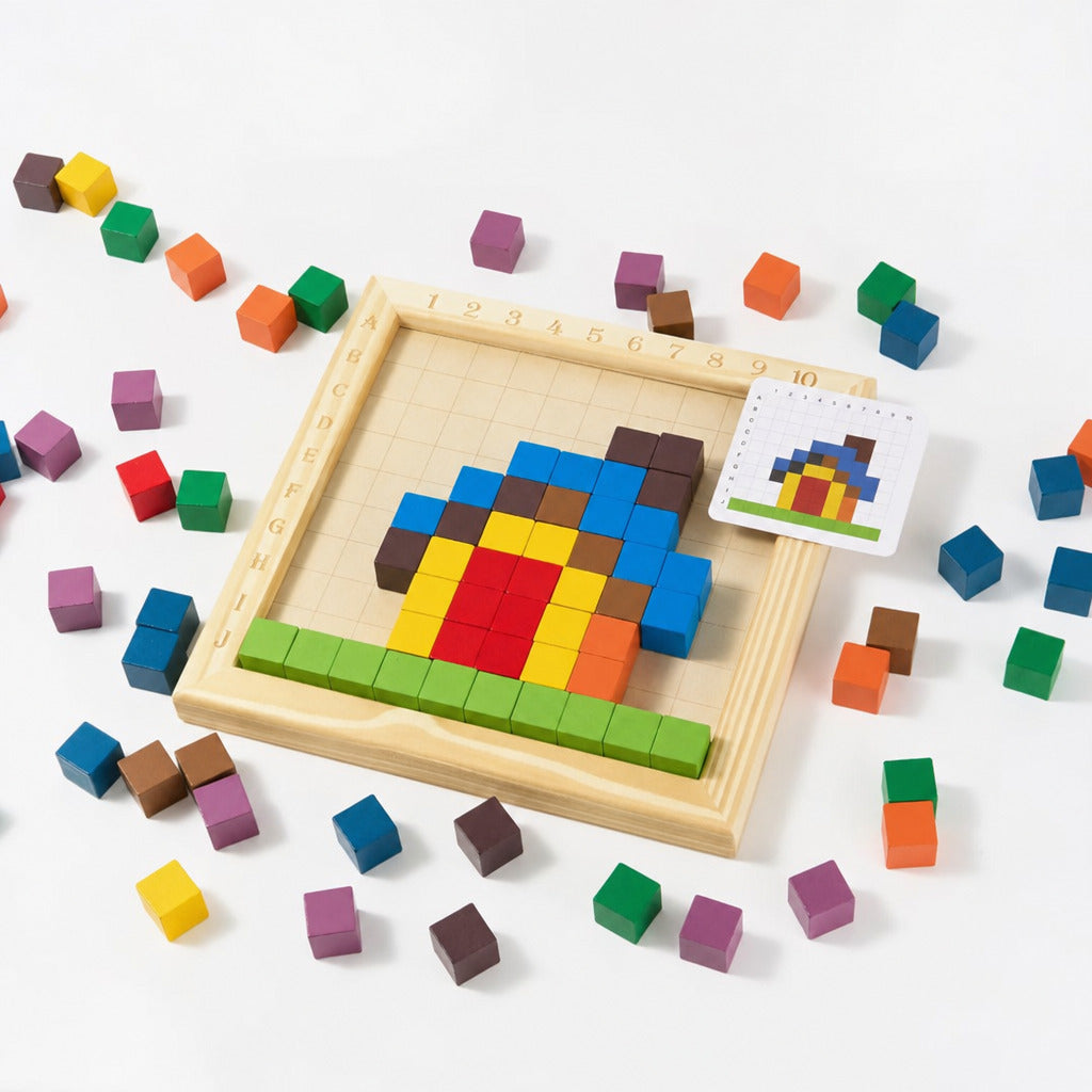 Pixel block tray with a completed pattern and scattered cubes