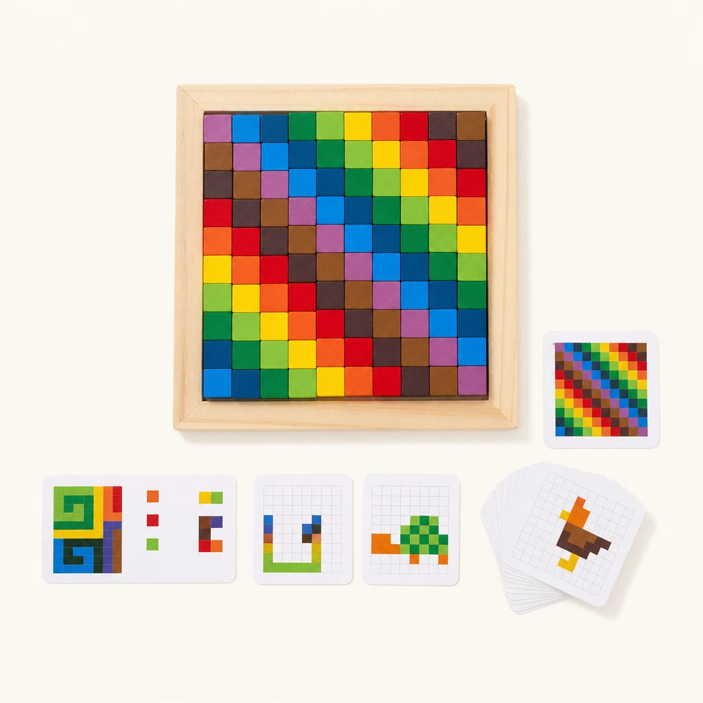 Rainbow Pixel Blocks 100-Piece Wooden Set shown complete on a plain background