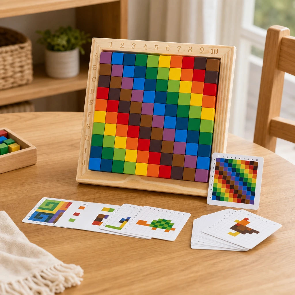 Rainbow Pixel Blocks 100-Piece Wooden Set set out on a real table at home