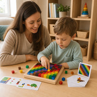 Child playing with the Rainbow Pixel Blocks 100-Piece Wooden Set