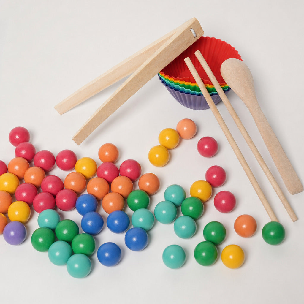Rainbow sorting beads laid out with chopsticks, tweezers and cups