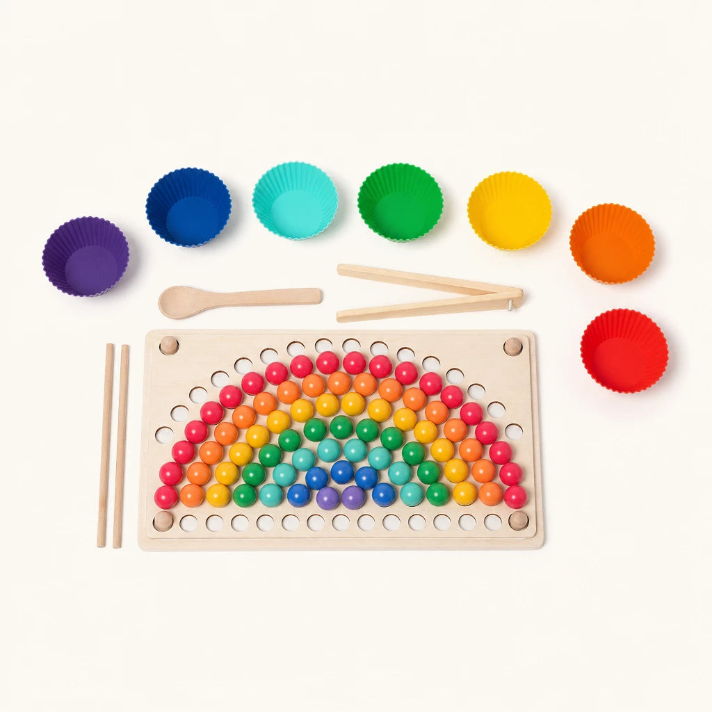 Rainbow Sorting Beads with Chopsticks & Tweezers shown complete on a plain background