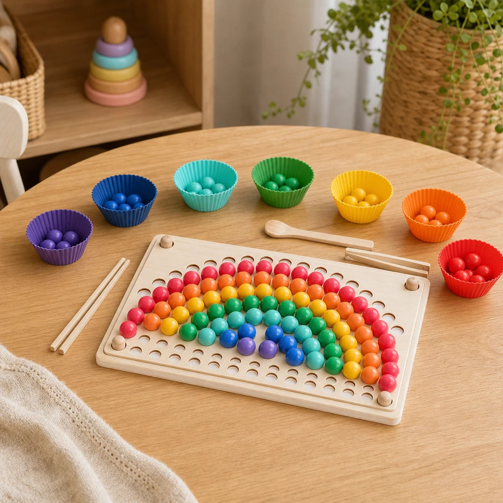 Rainbow Sorting Beads with Chopsticks & Tweezers set out on a real table at home