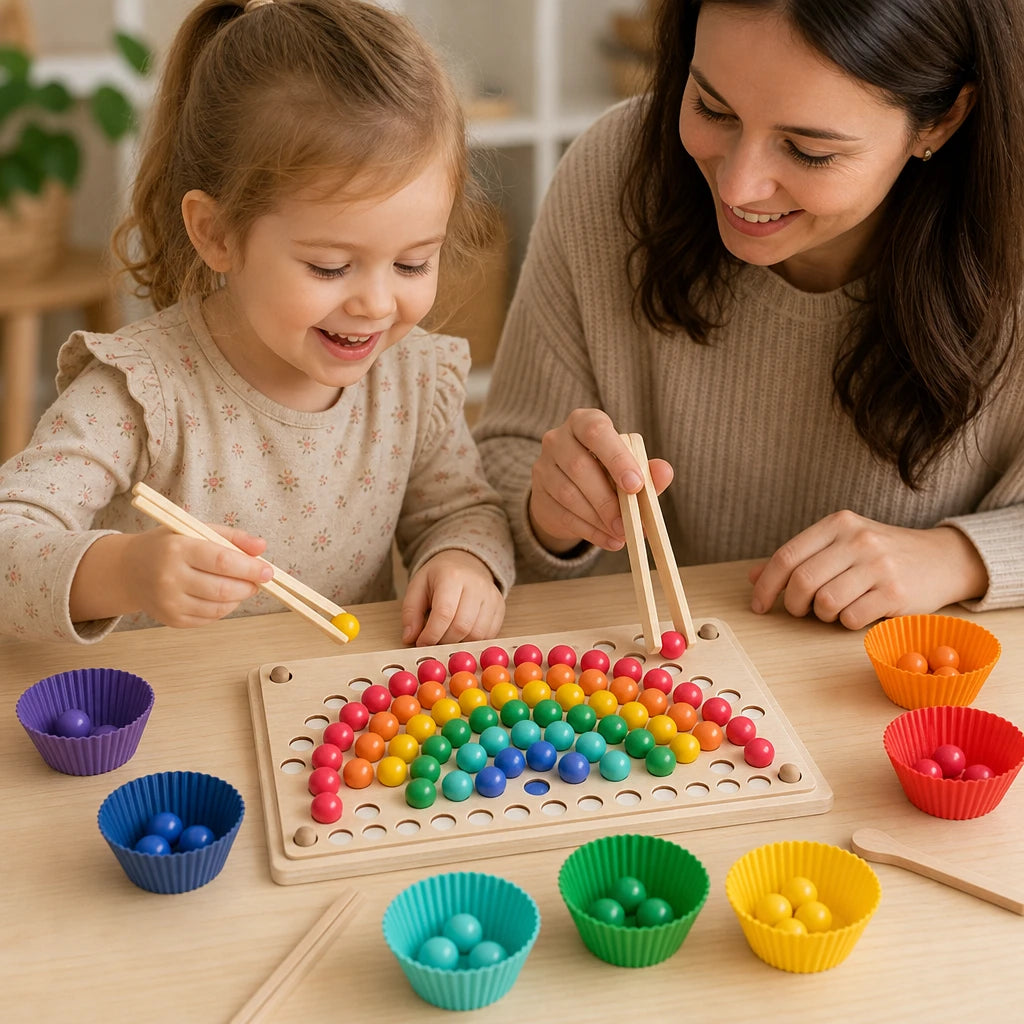 Child playing with the Rainbow Sorting Beads with Chopsticks & Tweezers