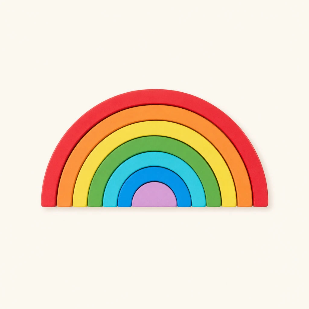 Rainbow Stacker Wooden Arches for Toddlers shown complete on a plain background