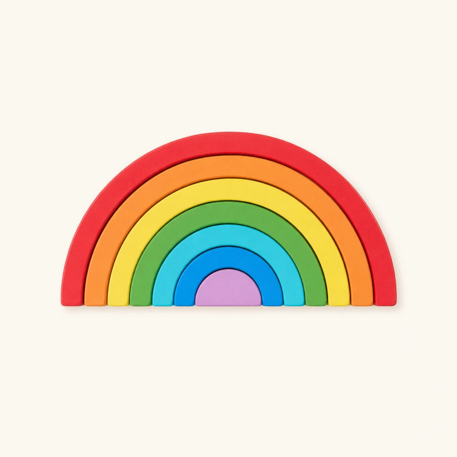 Rainbow Stacker Wooden Arches for Toddlers shown complete on a plain background