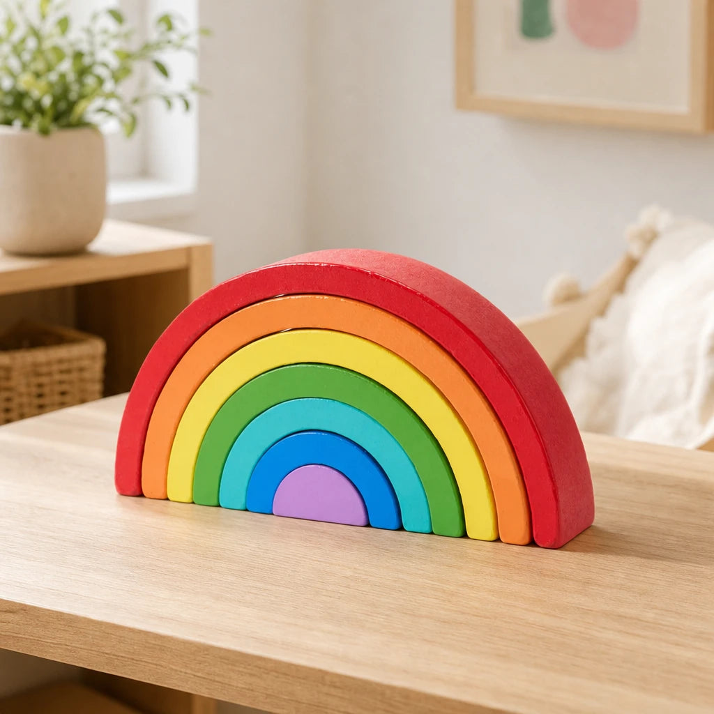 Rainbow Stacker Wooden Arches for Toddlers set out on a real table at home