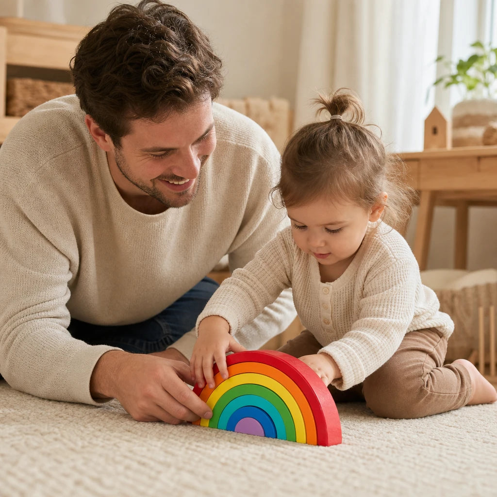 Child playing with the Rainbow Stacker Wooden Arches for Toddlers