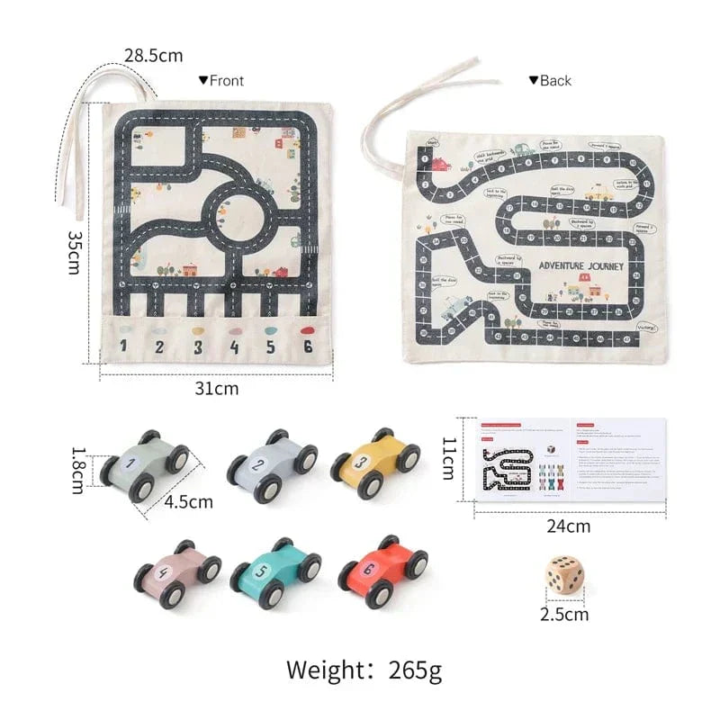 Reversible road play mat with six wooden cars, die and dimensions