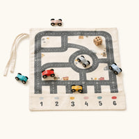 Road Play Mat with 6 Wooden Cars & Die shown complete on a plain background