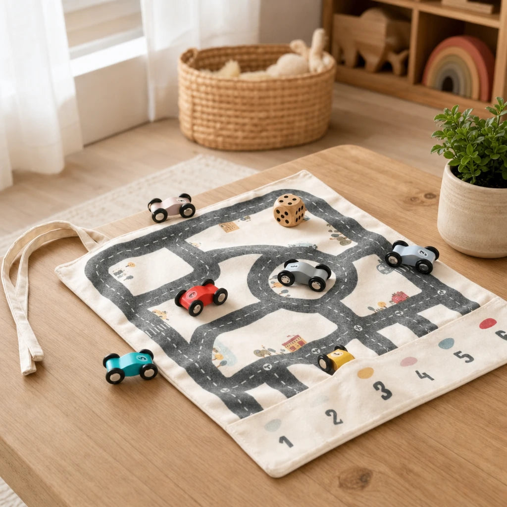 Road Play Mat with 6 Wooden Cars & Die set out on a real table at home