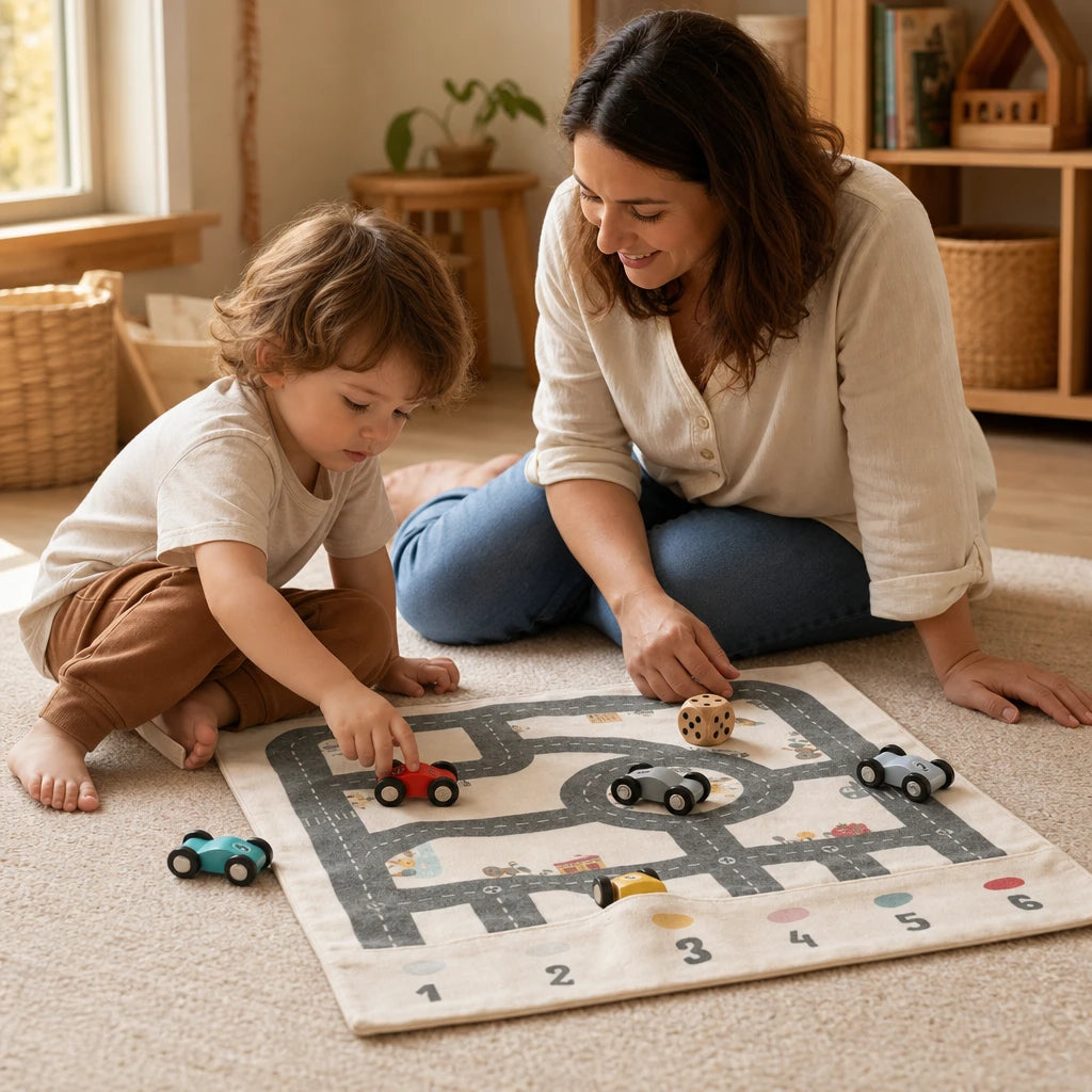 Child playing with the Road Play Mat with 6 Wooden Cars & Die