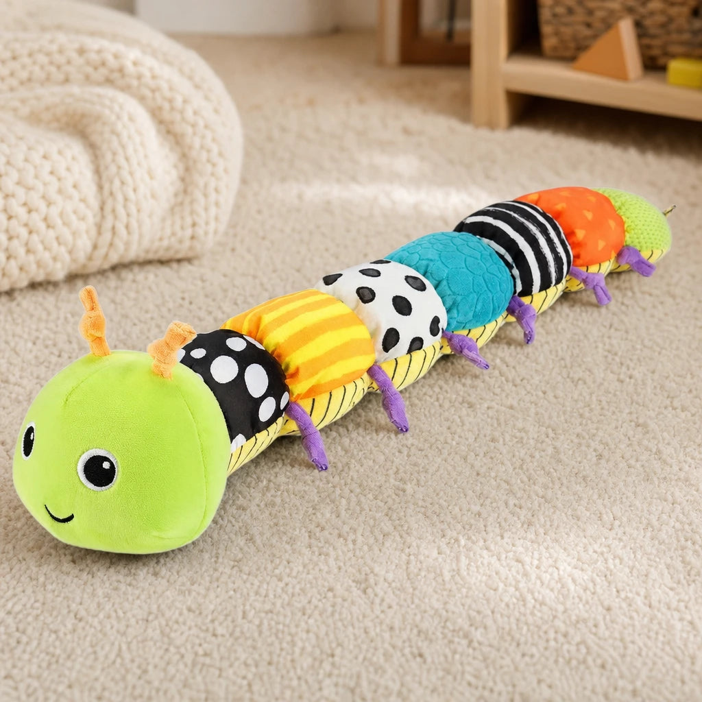 Sensory Caterpillar Toy Multi-Textured Segments set out on a real table at home
