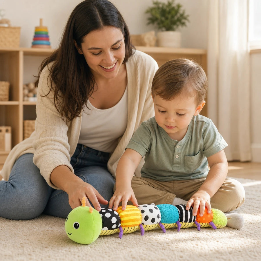 Child playing with the Sensory Caterpillar Toy Multi-Textured Segments