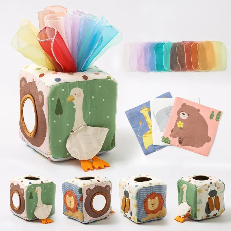 Sensory tissue cube with goose and bear panels, scarves and cards