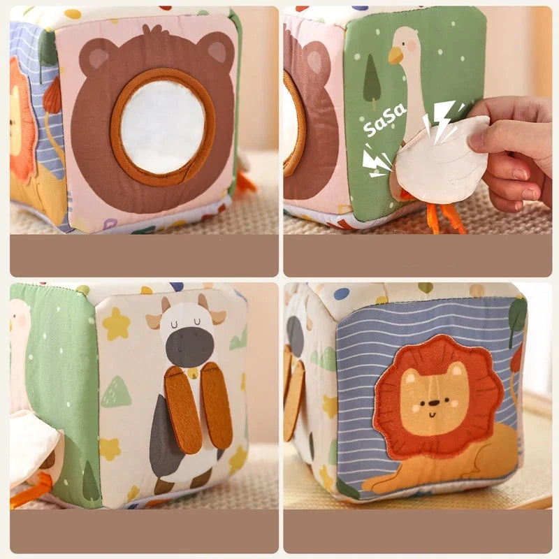 Four panels of the sensory cube showing bear, goose and lion designs