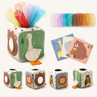 Sensory Cube for Babies with Tissues & Mirror shown complete on a plain background