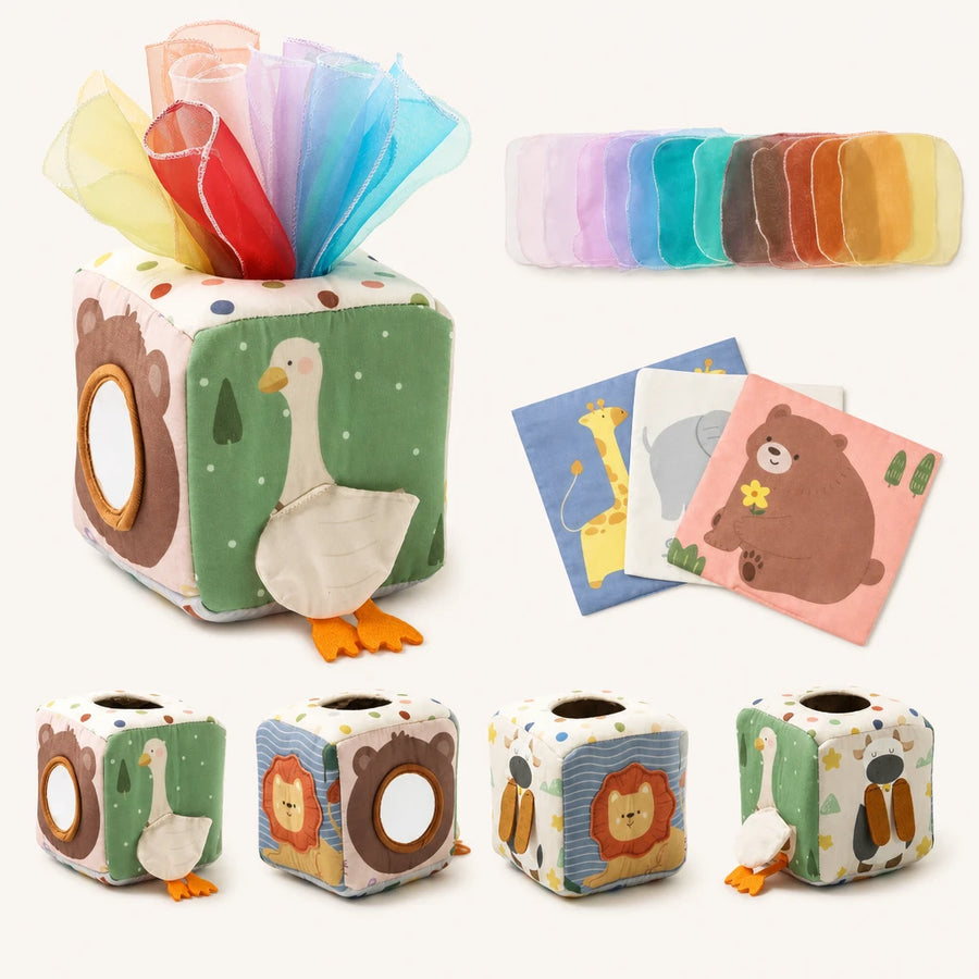 Sensory Cube for Babies with Tissues & Mirror shown complete on a plain background