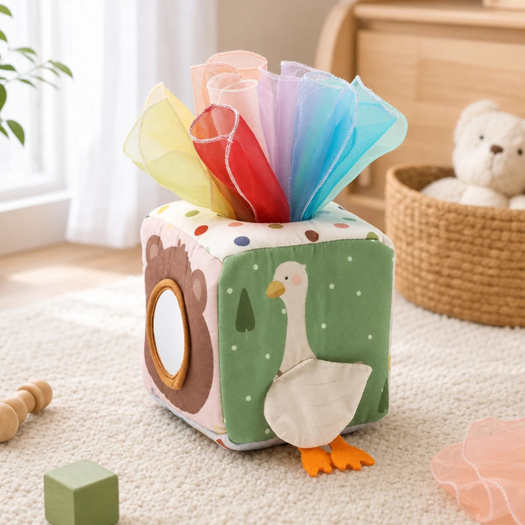 Sensory Cube for Babies with Tissues & Mirror set out on a real table at home