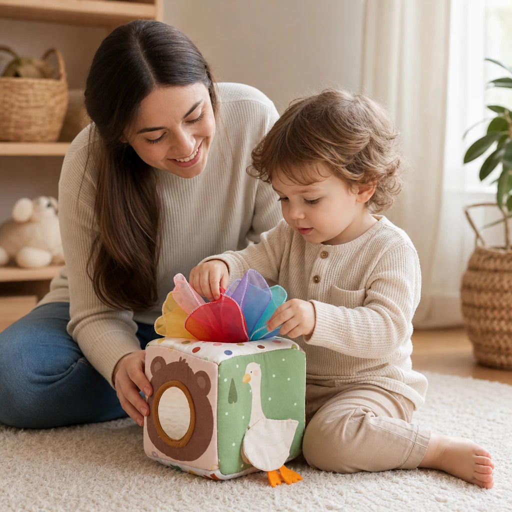 Child playing with the Sensory Cube for Babies with Tissues & Mirror
