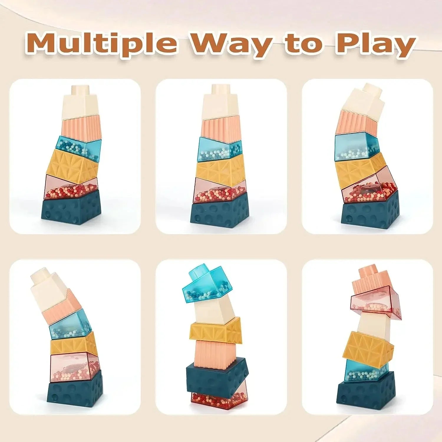 Six ways to stack and nest the textured sensory blocks