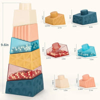 Textured stacking blocks built into a tower with dimensions