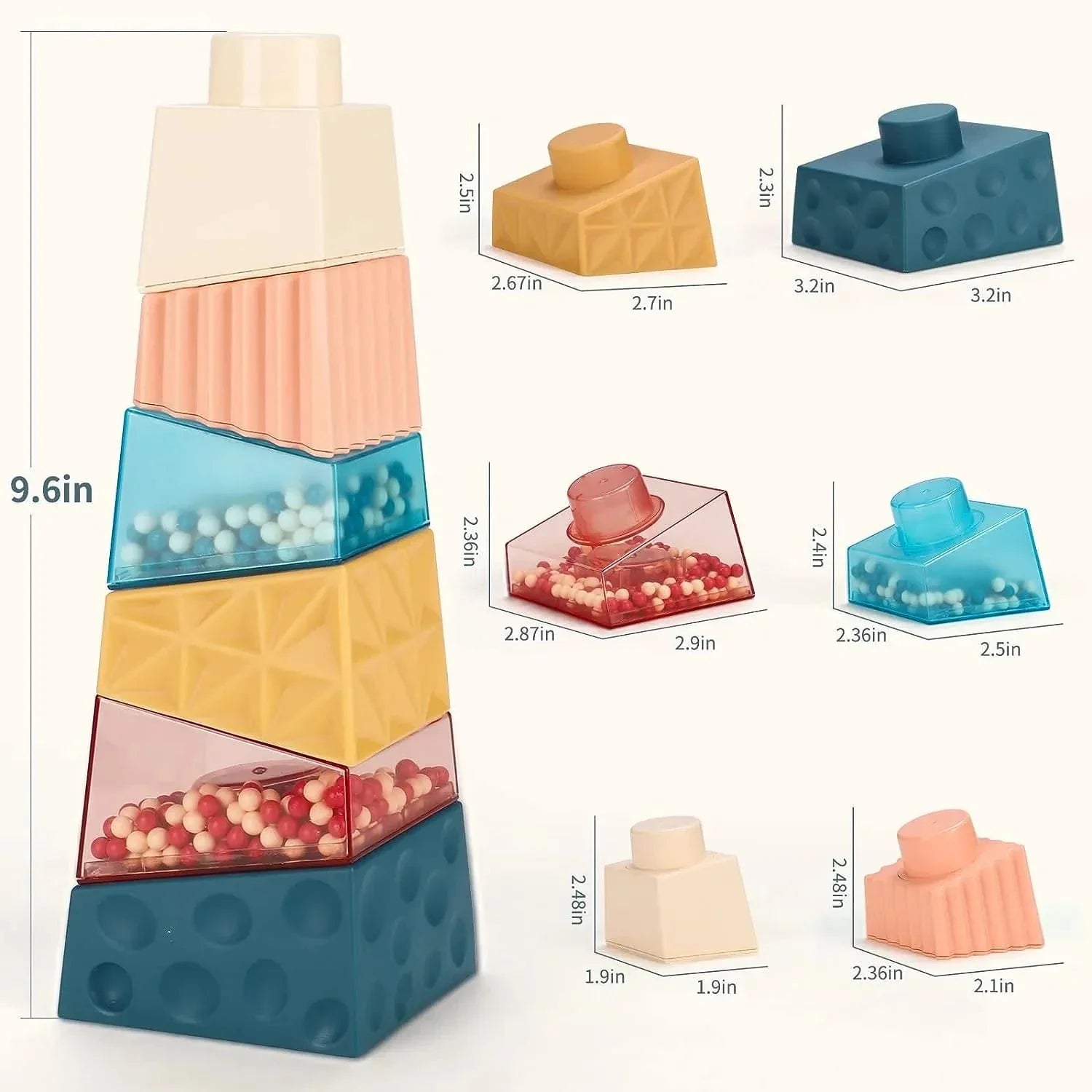 Textured stacking blocks built into a tower with dimensions