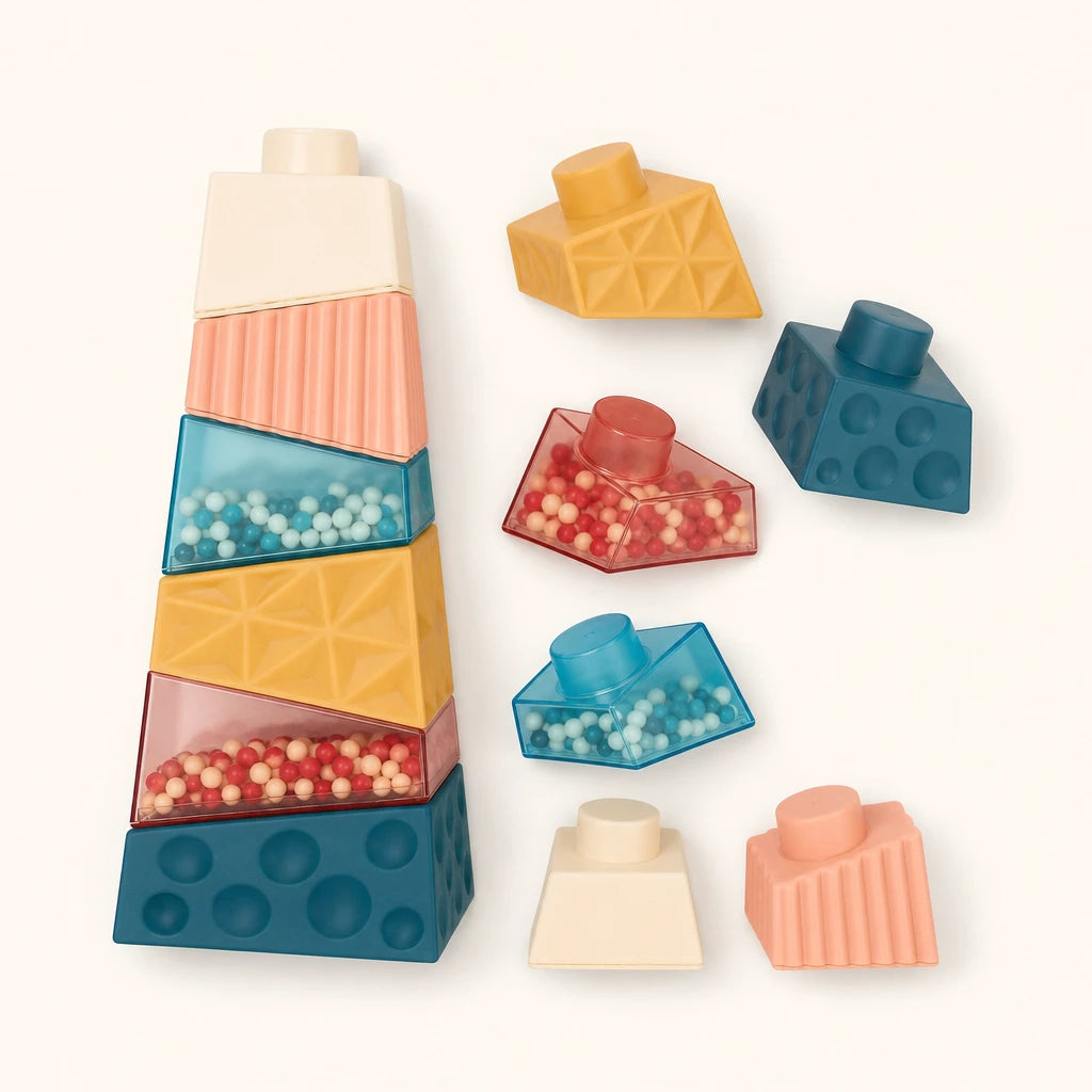 Sensory Stacking Blocks with Textured Pieces shown complete on a plain background