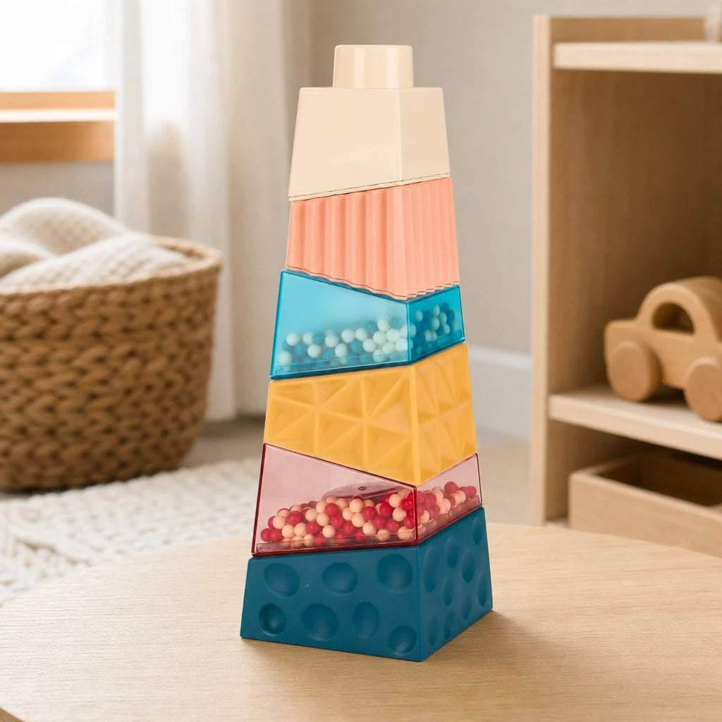Sensory Stacking Blocks with Textured Pieces set out on a real table at home